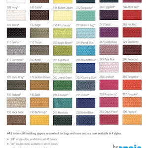 May include: A color chart of zipper tape samples for sewing projects. The chart includes 48 different colors, with each color labeled with a number and a descriptive name. The chart also includes information about the different zipper sizes available, including 24-inch, 30-inch, and 40-inch zippers. The chart is labeled "Zipper Color Chart" and includes the company name "byannie.com".