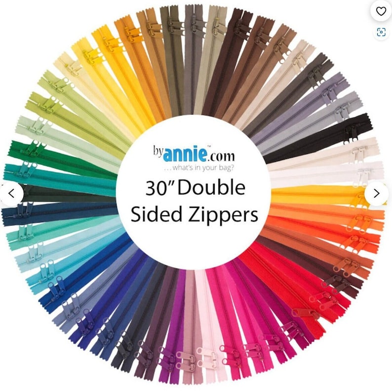 May include: A variety of 30-inch double-sided zippers in a rainbow of colors, arranged in a circle. The text "byannie.com ...what's in your bag? 30" Double Sided Zippers" is in the center of the circle.