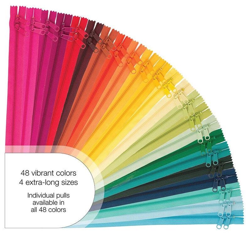 May include: A fan-shaped display of 48 vibrant colored zippers in various lengths. The zippers are arranged in a rainbow color gradient from pink to blue. The text on the display reads: "48 vibrant colors, 4 extra-long sizes, Individual pulls available in all 48 colors."