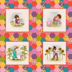 May include: A colorful patchwork quilt with a hexagonal pattern. Each hexagon features a different illustration of children interacting with animals in a variety of settings.