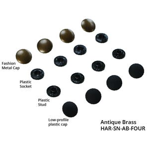 May include: An assortment of antique brass snap fasteners. The image shows fashion metal caps, plastic sockets, plastic studs, and low-profile plastic caps. The fasteners are in various sizes and shapes, with the text "Antique Brass HAR-SN-AB-FOUR".