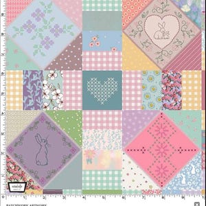 May include: A patchwork fabric design featuring various patterns and motifs. The design includes floral patterns, gingham, and cross-stitch elements. The color palette consists of pastel shades of pink, blue, green, and yellow. The fabric also features images of bunnies and hearts.