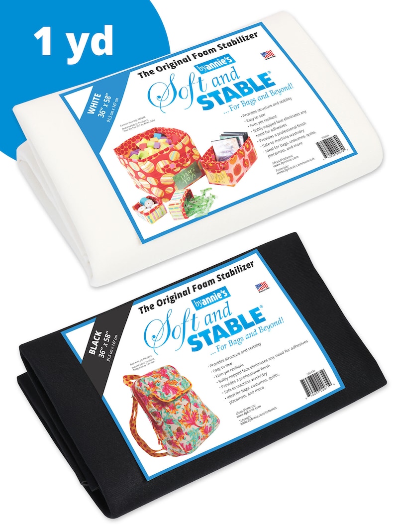 May include: Two rolls of white and black foam stabiliser fabric, each measuring 91.5 cm by 147 cm. The fabric is labelled "Soft and Stable" and is designed for bags and beyond. The label also states that the fabric provides structure and stability, is easy to sew, firm yet resilient, and eliminates the need for adhesives.