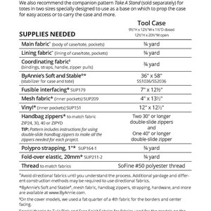 May include: A sewing pattern for a tool case with a zipped closure. The pattern includes instructions for using double-slide handbag zippers. The pattern is called "Running With Scissors" and is by ByAnnie.com.