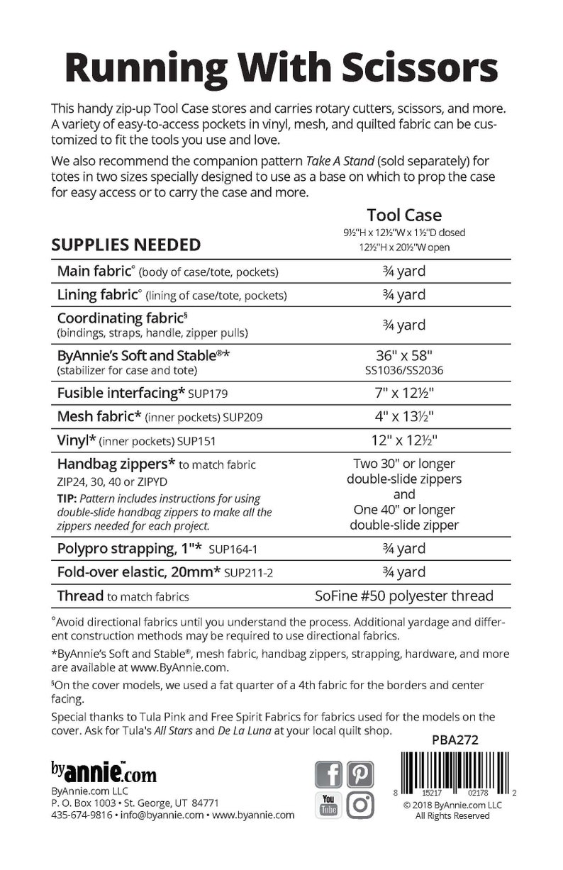 May include: A sewing pattern for a tool case with a zipped closure. The pattern includes instructions for using double-slide handbag zippers. The pattern is called "Running With Scissors" and is by ByAnnie.com.