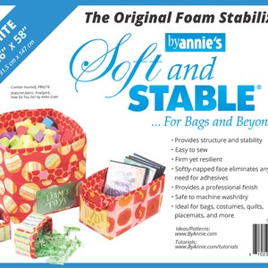 May include: White foam stabilizer for sewing, labelled "Soft and Stable" by Annie's. The foam is 36 inches by 58 inches (91.5 cm x 147 cm) and is ideal for bags, costumes, quilts, placemats, and more. The image shows three examples of projects made with the foam stabilizer.