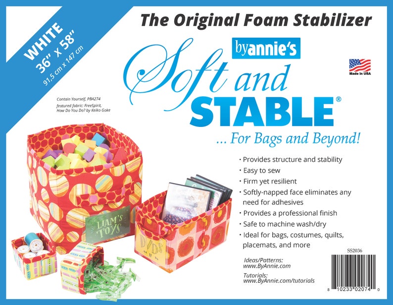 May include: White foam stabilizer for sewing, labelled "Soft and Stable" by Annie's. The foam is 36 inches by 58 inches (91.5 cm x 147 cm) and is ideal for bags, costumes, quilts, placemats, and more. The image shows three examples of projects made with the foam stabilizer.