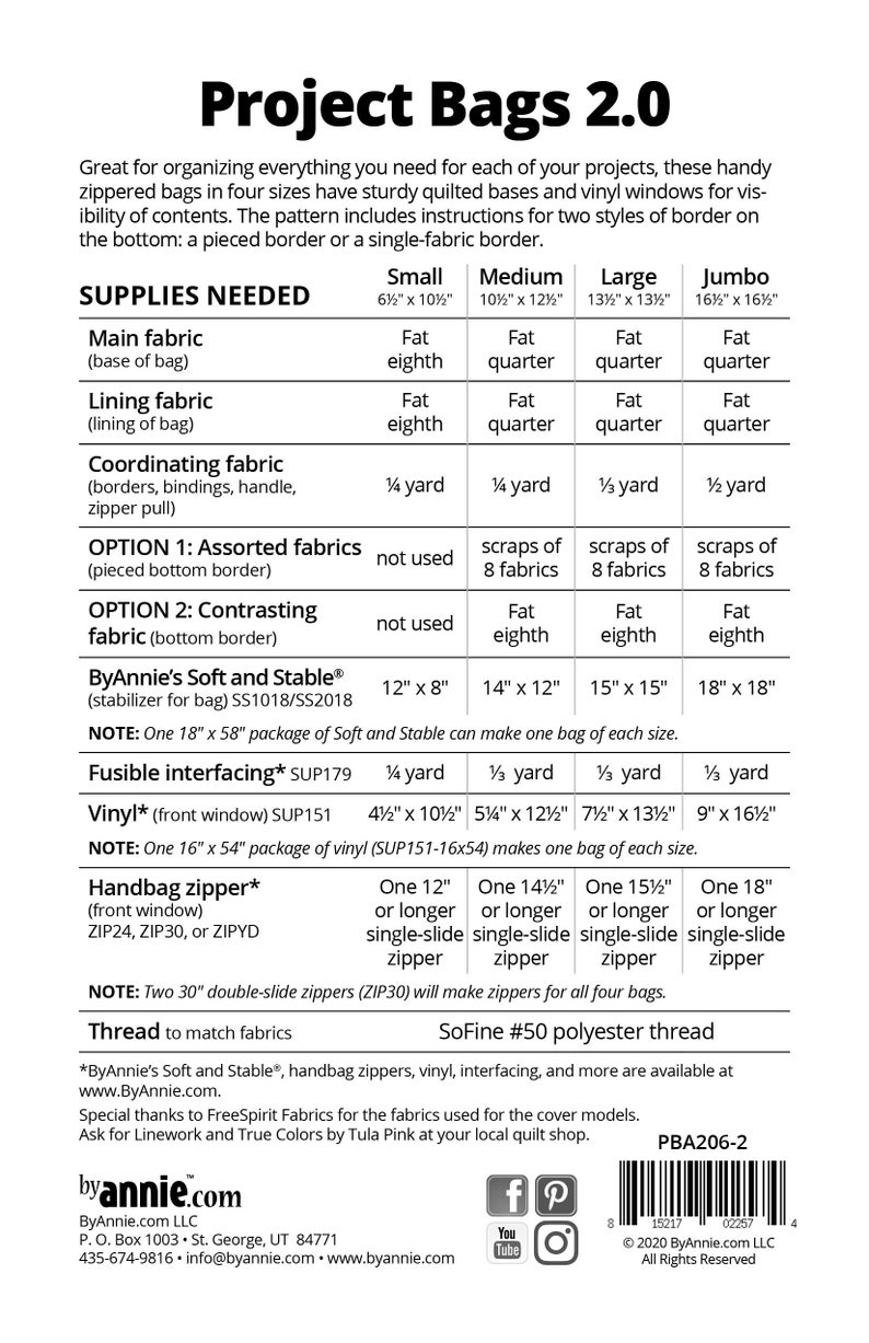 Puede incluir: Patr&oacute;n de costura Project Bags 2.0 de ByAnnie.com.  Instrucciones para hacer cuatro tama&ntilde;os de bolsas con cremallera: peque&ntilde;a (16,5 cm x 26,5 cm), mediana (26,5 cm x 31,5 cm), grande (34 cm x 34 cm) y jumbo (41,5 cm x 41,5 cm).  El patr&oacute;n incluye instrucciones para dos estilos de borde: un borde en piezas o un borde de una sola tela.