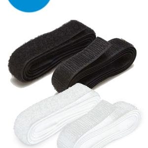 May include: Black and white hook and loop fastener strips. The image shows two rolled black strips and two rolled white strips. A blue circle in the upper left corner has the text "1 yd".