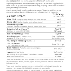 May include: A sewing pattern for a tool caddy with a list of supplies needed, including fabric, zipper, interfacing, and hardware. The pattern is called "Catch All Caddy 2.0" and is by ByAnnie.com.