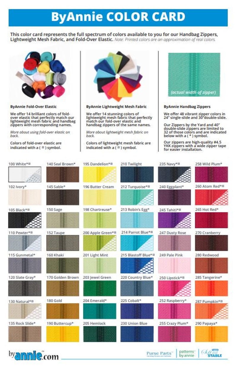 May include: Color card showing 48 different colors of zippers, fold-over elastic, and lightweight mesh fabric. The card is organized by color and includes the name of each color. The card also includes information about the different types of zippers available.