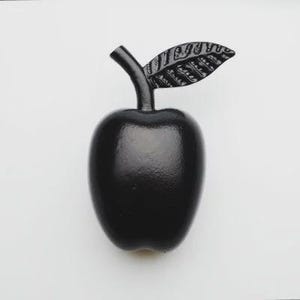 May include: A black apple-shaped decorative object with a stem and leaf. The apple has a smooth, glossy finish, while the stem and leaf have a textured appearance. The leaf has detailed veining.