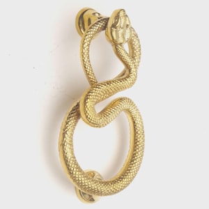 May include: A brass door knocker in the shape of a snake. The snake is coiled in a figure-eight design, with the head at the top and the tail at the bottom. The knocker is mounted on a white surface.