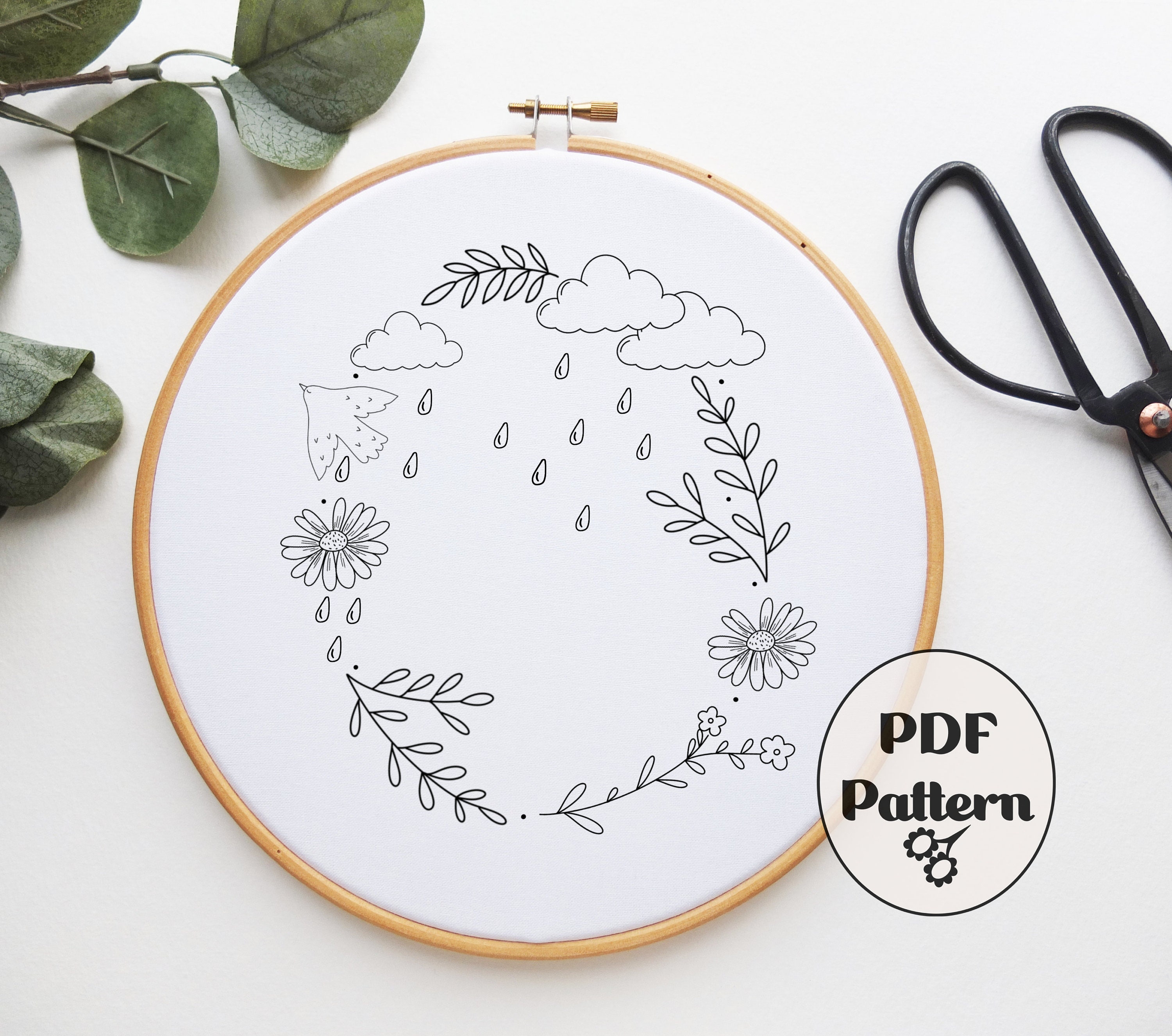 April Showers Hand Embroidery Pattern: Spring Floral Wreath (PDF ...