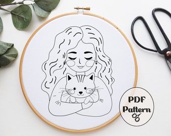 Cat Lady, Hand Embroidery Pattern, PDF pattern, Embroidery Design, Magic Embroidery, Download PDF, Modern, Instant Print, Magic