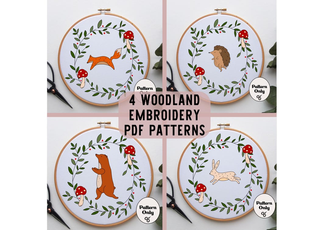 Woodland Animals Embroidery Bundle, Fox, Bear, Hedgehog, Rabbit PDF ...