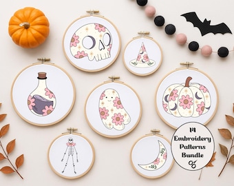 Halloween Embroidery Pattern Bundle: Floral Skulls, Bats (PDF Download)