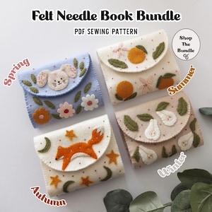 May include: Four felt needle books with seasonal designs: spring, summer, autumn, and winter. Each book features embroidered details like a bunny, oranges, a fox, and pears. The text "Felt Needle Book Bundle" and "PDF Sewing Pattern" are visible.