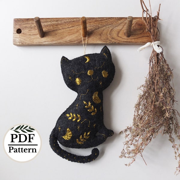 Black Magic Felt Cat. PDF Sewing Pattern. Black Cat Constellations. Nursery Room. Craft Cat. Felt Cat DIY, Felt Cat Ornament. Nursery Decor