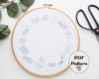 リースサンプラー刺繍パターン：クリスマス＆冬（PDFパターン）