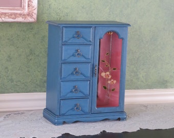 Rustic Vintage Shabby Chic Painted Wooden Jewelry Box Jewelry Chest Jewelry Armoire Refinished Refurbished in Blue