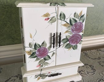Hand painted White Jewelry Box Armoire with Purple Roses