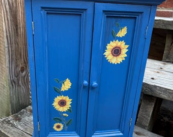 Shabby Chic Blue Painted Doll Wardrobe Chest Jewelry Box with Sunflowers