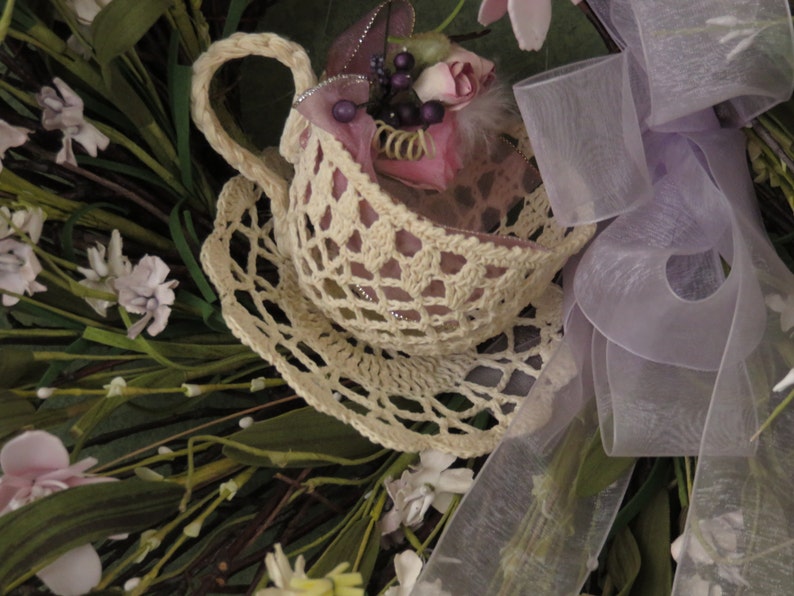 SPRING TEA Twig Wreath With Pink Flowers and Crocheted Tea Cup Etsy