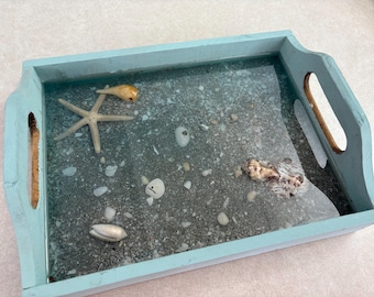 Resin Tidal Pool Vanity or Serving Tray with Sand and Shells for Beach Decorating