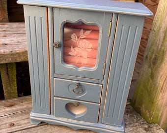 Shabby Chic Blue Jewelry Box Jewelry Armoire with Etched Roses