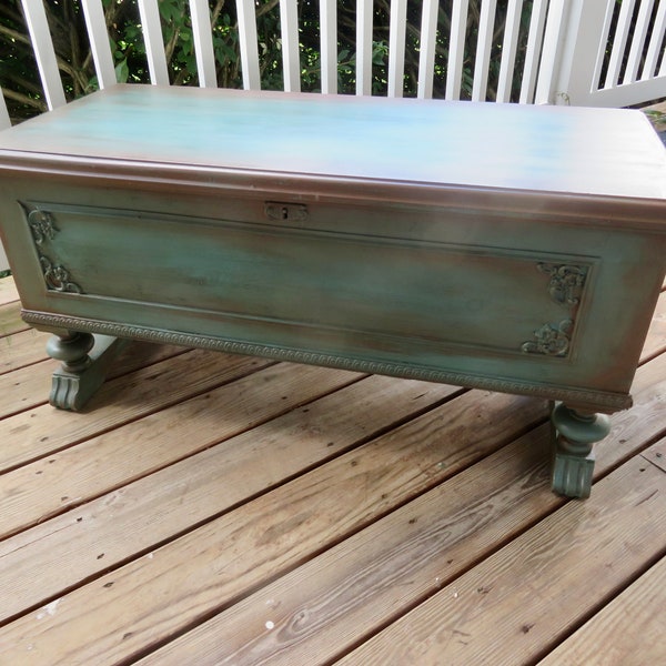 Vintage Antique Footed Trunk Cedar Chest Painted Hope Chest Blanket Chest Rustic Patina Marked Edward Roos E.R. Co. Forrest Park, Illinois