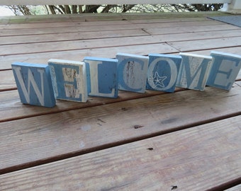 Custom Welcome Sign Blue White Grey Gray Customizable Beach House Themed Decor Painted Distressed Weathered Letter Blocks made in the USA