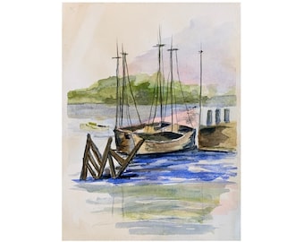 Vintage Sailboat Watercolor Painting, Unframed Coastal Wall Art