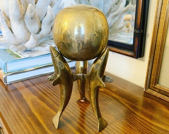 Vintage Brass Sphere On Sculptural Dolphin Stand, Mid Century Brass Dolphin Sculpture