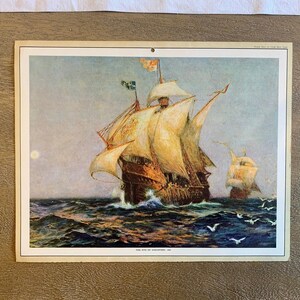 May include: A vintage illustration of a large sailing ship with billowing white sails, navigating a choppy sea with a smaller ship in the background. The sky is a pale blue with a bright moon in the distance. The image is printed on a cream-colored card with the text "The Ship of Columbus, 1492" at the bottom.