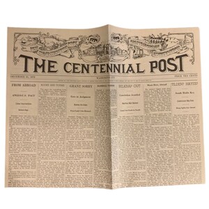 May include: A vintage newspaper from December 31, 1976, titled "The Centennial Post." The newspaper features headlines about international news, politics, and sports. The headline "Tilden? Hayes?" is prominent on the right side of the page.