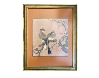 Vintage Asian Bird Print In Gold Faux Bamboo Frame