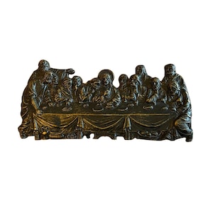 Last Supper Bronze Plaque, Vintage Cold Cast Bronze High Relief Sculptural Plaque of Da Vinci’s The Last Supper