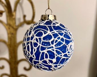 Cobalt Blue and White Abstract Painted Bauble Ornament
