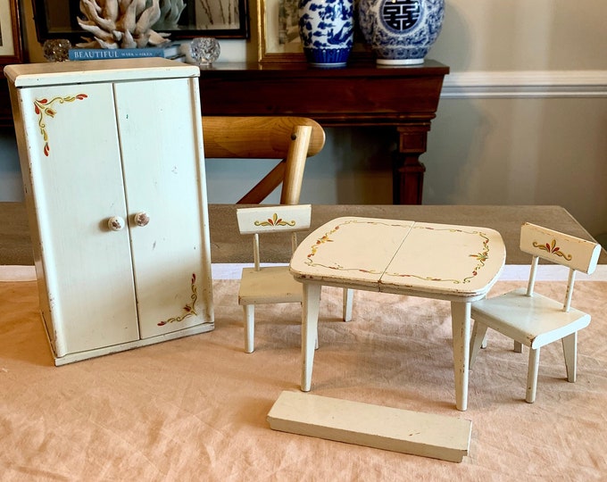 Vintage Strombecker Doll Furniture, Armoire Dining Table and Chairs, Wooden Furniture for 8 Inch