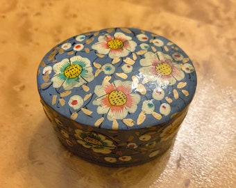 Vintage Fetco Paper Mache Trinket Box, Miniature Blue Floral Decorative Box