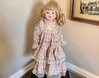 Vintage Porcelain Doll by Julie's Elizabeth: 18" Blonde Hair, Floral Dress