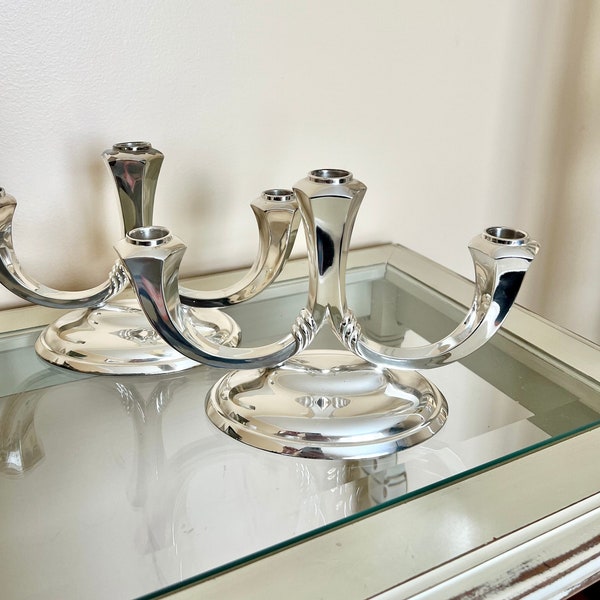 German Art Deco Silver Candelabras, Pair of Modernist Gayer and Krauss Alpacca Silver 3 Arm Candleholders