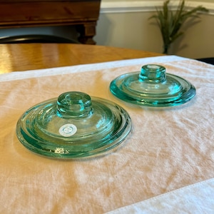 Vintage Recycled Glass Canister Lids, Green Glass Candlestick Holders