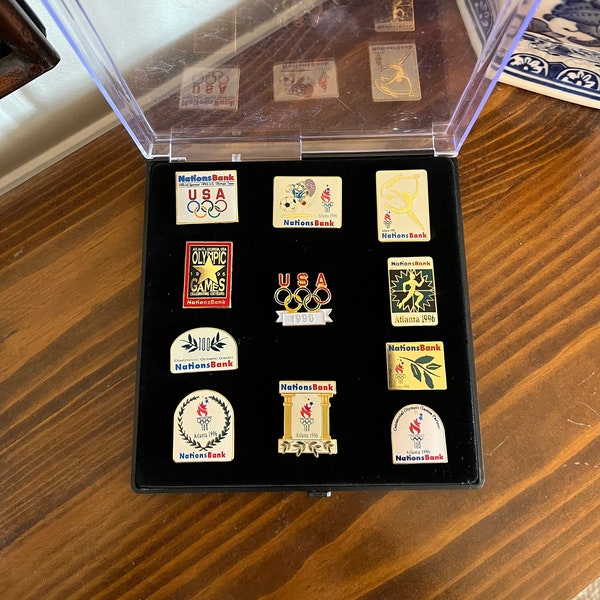 1996 Olympics Commemorative Pins Set, Nations Bank Olympic Sponsor Pins In Case