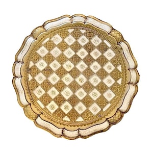Large Florentine Tray, Vintage Italian Round Gold and White Checkerboard Wooden Tray