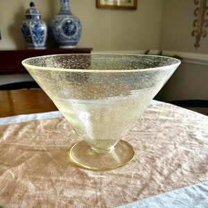 May include: A clear glass bowl with a textured surface and a wide, flared rim. The bowl is sitting on a beige tablecloth with a white border.