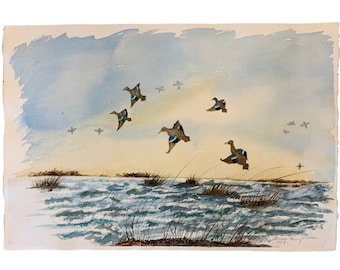 Vintage Coastal Watercolor Painting, Ducks Flying Over Marsh Landscape Scene, Unframed