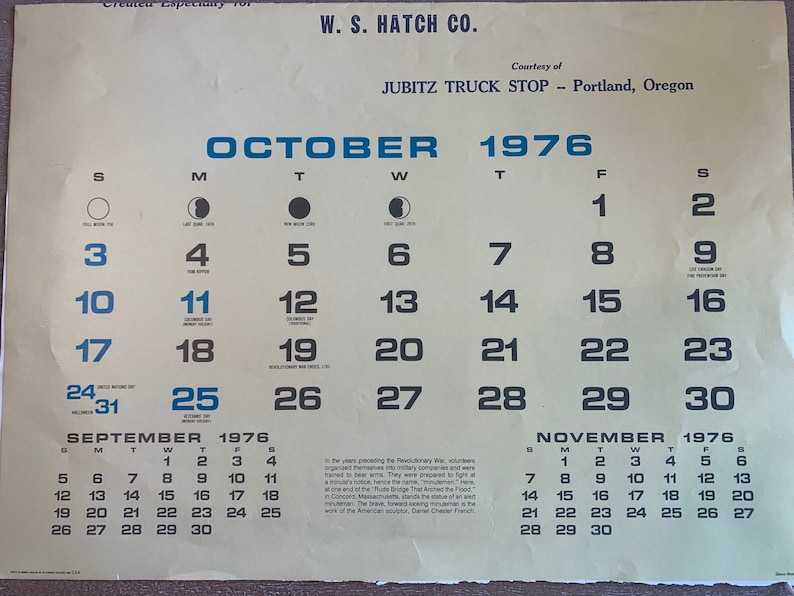 Vintage 1976 Hatch Co Bicentennial Calendar Page, Vintage Jubitz Truck ...