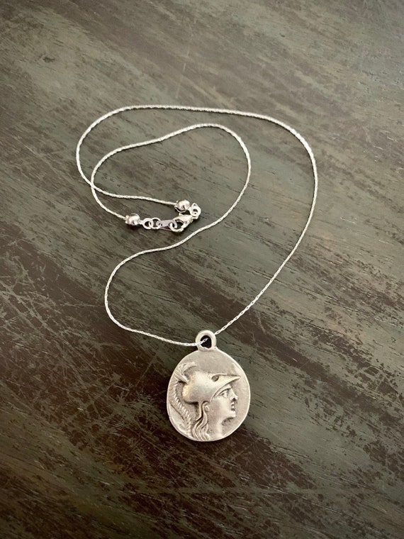 Silver Greek Coin Necklace, Silver Intaglio Penda… - image 1